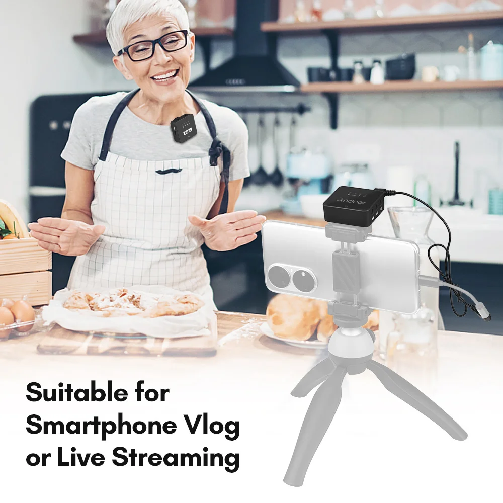 Andoer One-Trigger-Two 2.4G Wireless Microphone System Clip On Microphone 30M Range with  Audio Cable for Smartphone Camera Vlog