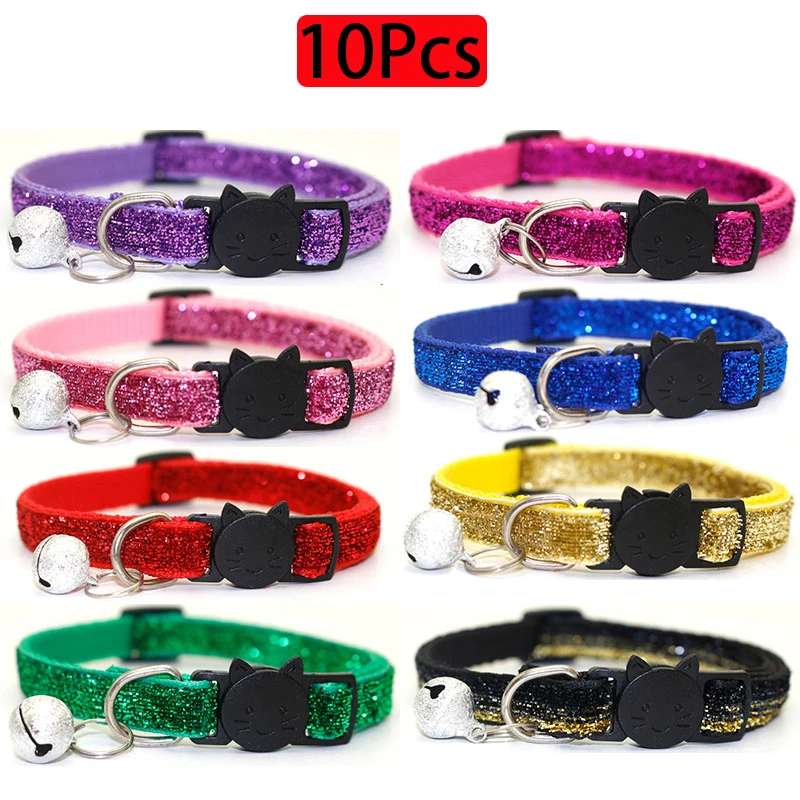 

10Pcs Shiny Pet Collar Colorful Cat Dog Collars With Bell Cat Face Safety Buckle Glitter Velvet Collar Pet Accessories Wholesale