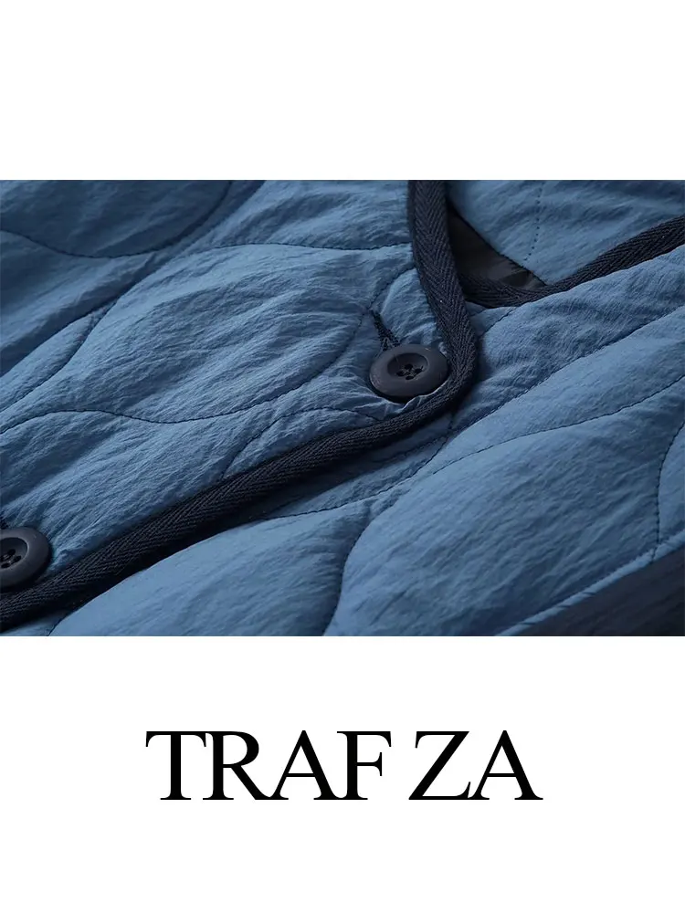 TRAF ZA Autumn Women's Cotton Coats Patchwork Pocket Vintage Warm Button Long Sleeve Jacket Female Casual Crew Neck Outerwear