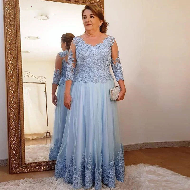 

Plus Size Mother Of The Bride Dress For Wedding Party Blue Lace Tulle 3/4 Long Sleeve Ladies Formal Evening Party Prom Gowns