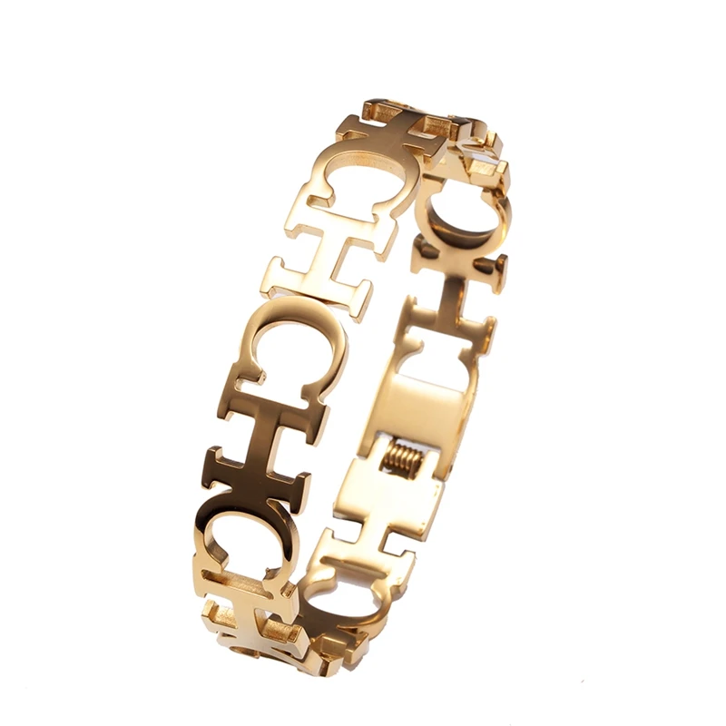 

New Brand Gold Plated Letter Hollow Cuff Charm Bangles Classic Stainless Steel Men Women Fashion Bracelets Jewelry Gift
