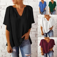 spring and summer new loose five quarter sleeve t shirt casual ladies v neck top women