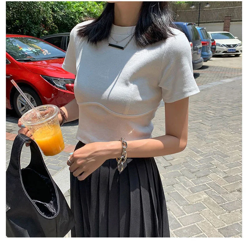

Футболка женская трикотажная в рубчик, хлопковый кроп-топ с коротким рукавом, однотонная Базовая рубашка в Корейском стиле, лето