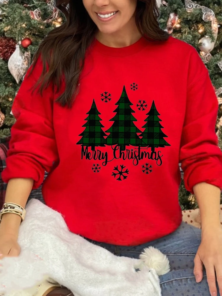 

Clothes Merry Christmas Women Fashion Clothing Festival Pullover Watercolor Tree Trend Cartoon Female Red Graphic Sweatshirts