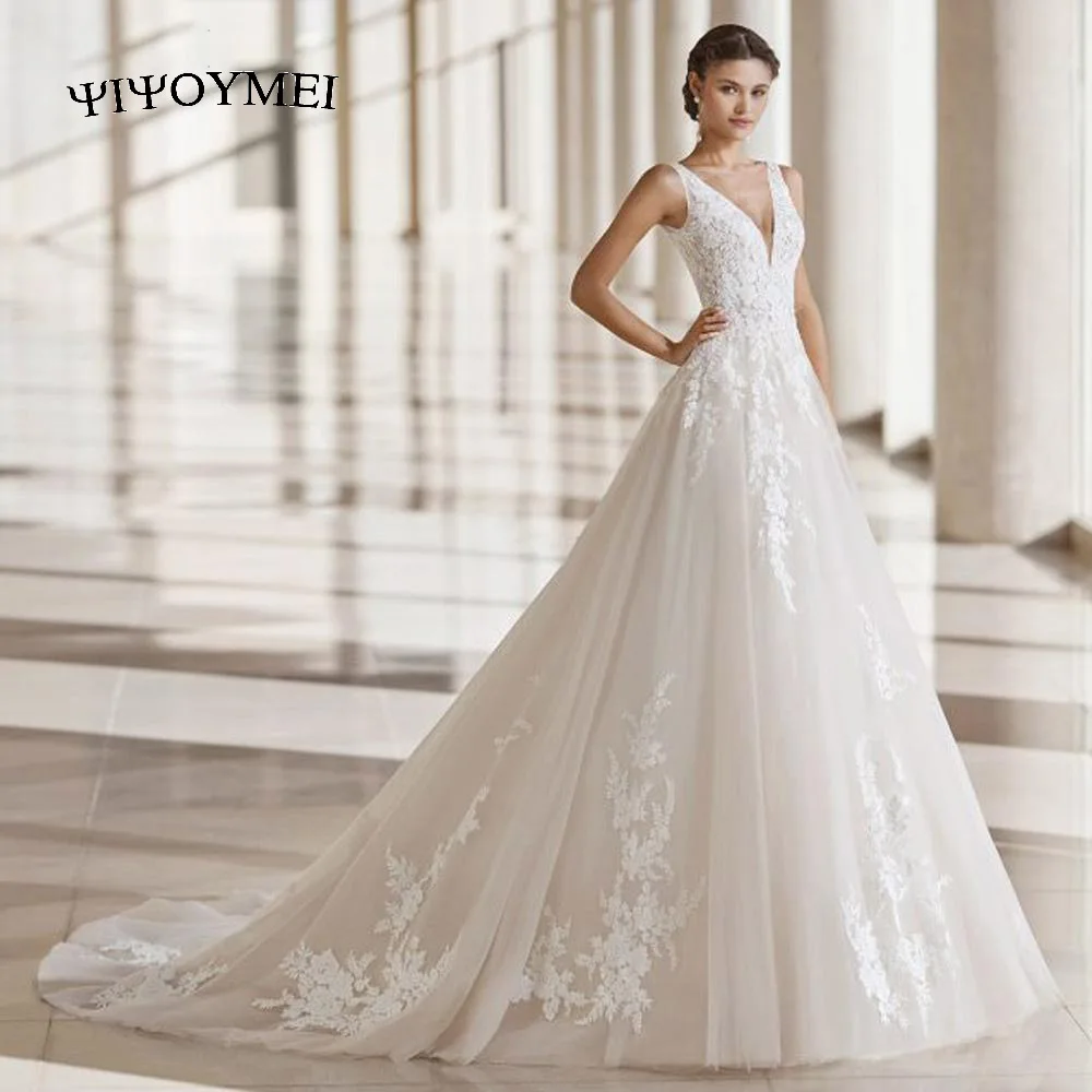 

Princess V-Neck Wedding Dress Elegant Lace Appliques A-Line Backless Robe De Soire Classic Court Train Mariage Bridal Gown