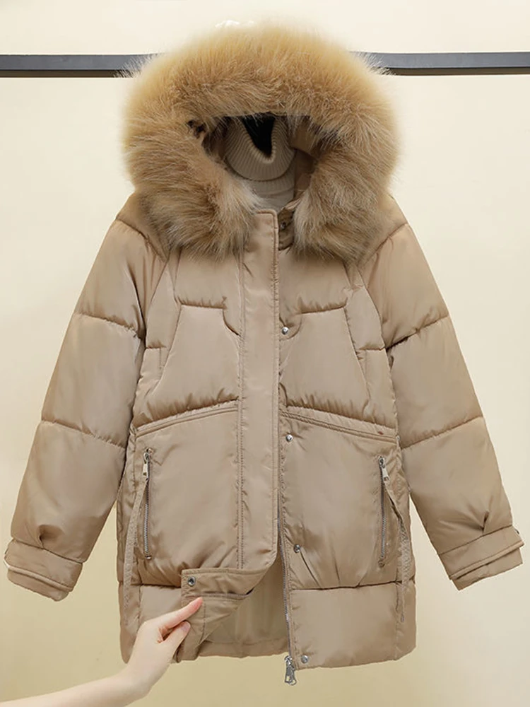 Fitaylor Winter Women Cotton Down Coat Large Real Fur Collar Hooded Pockets Zipper Jacket Casual Thick Warm Long Cotton Coat