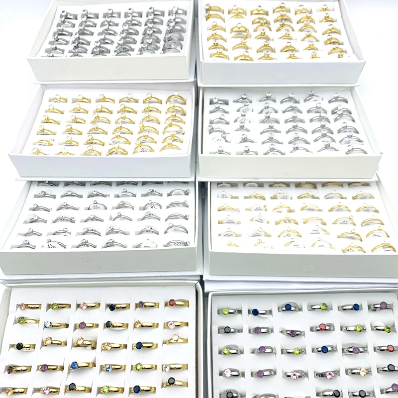 

Wholesale 36pcs Stainless Steel Rings For Men Women 6 Claws Round Zircon Golden Silver Plated Wedding Bands Couple Gift Jewelry
