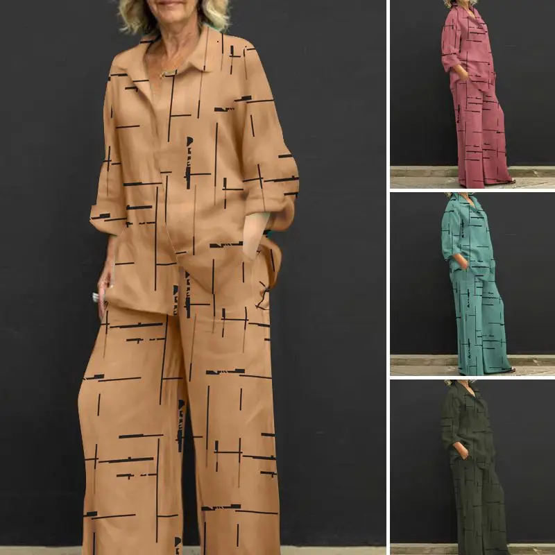 Женский новый повседневный костюм с принтом рубашка длинным рукавом и отложным