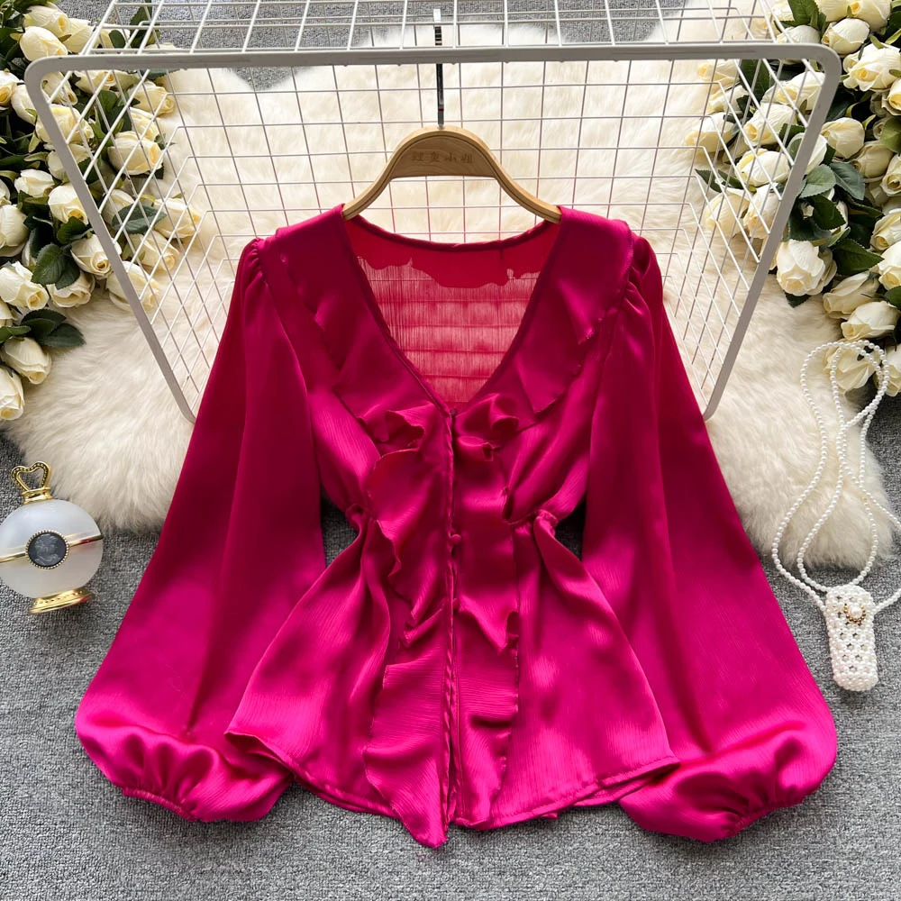 

Spring Autumn Women New Fashion Chic Fungus Edge V-neck Thin Tops Single Breasted Long Sleeve Elegant Blouse Shirts Clothes E455