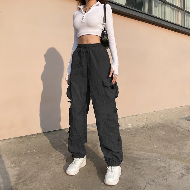 

Summer Fashion Loose Drawstring Elastic Waist Pockets Women Cargo Pants Baggy Trousers Y2k Joggers Ankle Banded Straight Pants