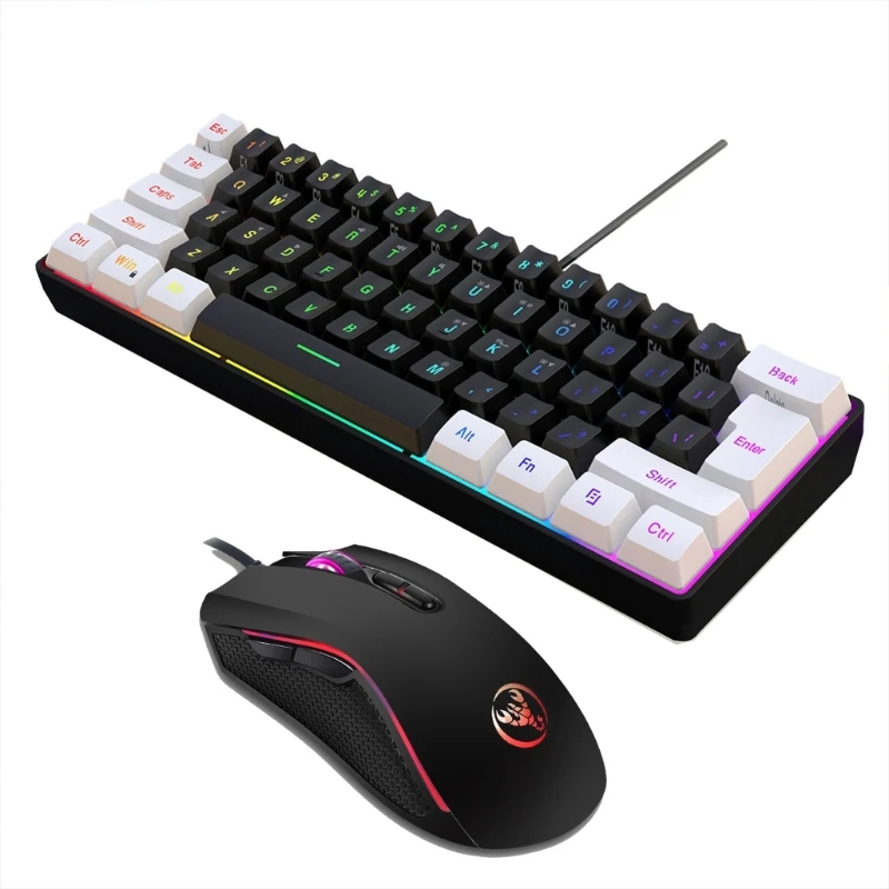 1Set Wired Gaming Keyboard and Mouse Combo 61 Key Rainbow Backlit Keyboard with Multimedia Keys for Windows PC Gamers