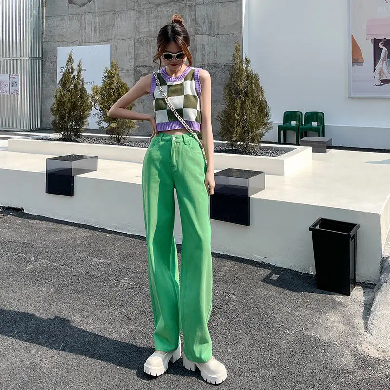 

2022 Women's Spring Summer Fashion Loose Mopping Pants Female Straight Candy Color Jeans Ladies High Waist Wide Leg Pants B81