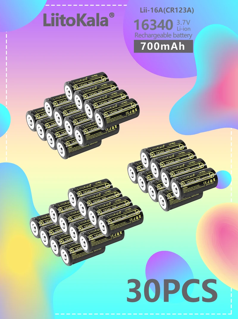 30PCS LiitoKala Lii-16A 16340 Rechargeable Battery 700mAh 3.7V Lithium Li-ion CR123A for LED Flashlight Arlo Security Camera L70