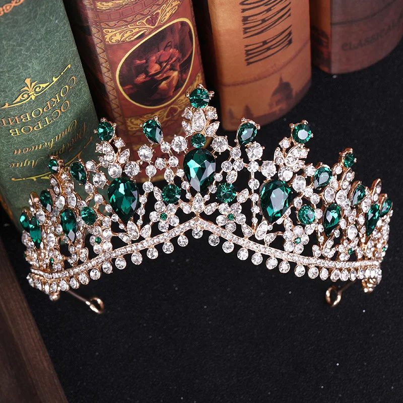 

Fashion Baroque Magnificent Red Crystal Bridal Tiaras Green Wedding Crown for Bride Pageant Headbands Wedding Hair Accessories