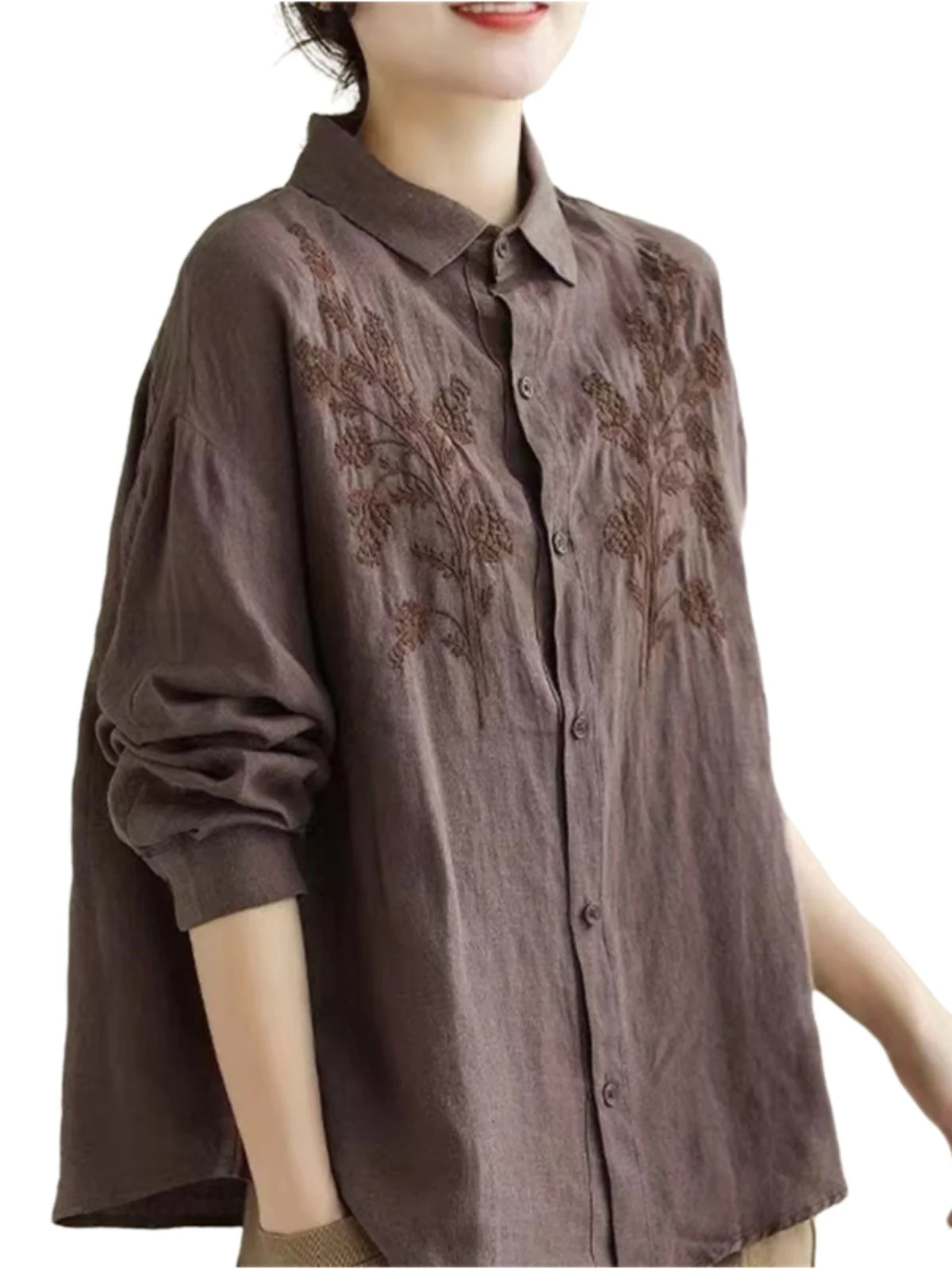 Рубашка из хлопка и льна с вышивкой длиной до рукавов Женская одежда Большие
