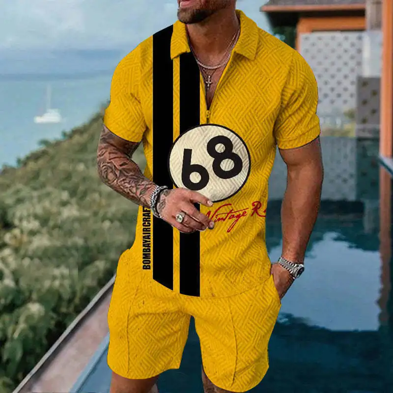 Retro Luxury Short Sleeve Polo Shirt 2 Piece Outfit Summer Men's Cools Hawaiian Beach Vacation  Man Street Fashion Tracksuit Set