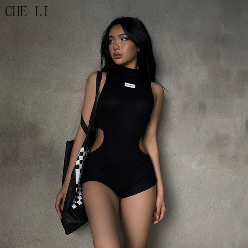 

Summer Jumpsuit Women's 2022 Sports Hot Girl Style Half Turtleneck Small Label Waist Hollow Out Slim Slim Sleeveless Jumpsuit