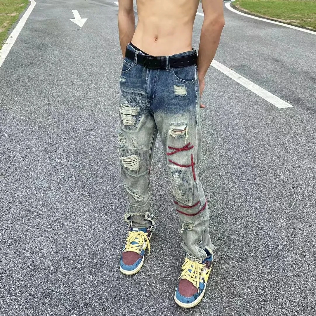 Jeans Men's Letter Embroidery Ripped Holes Straight Retro Punk Pants Fashionable Hip-hop Streetwear Men S-3XL джинсы для мужчин