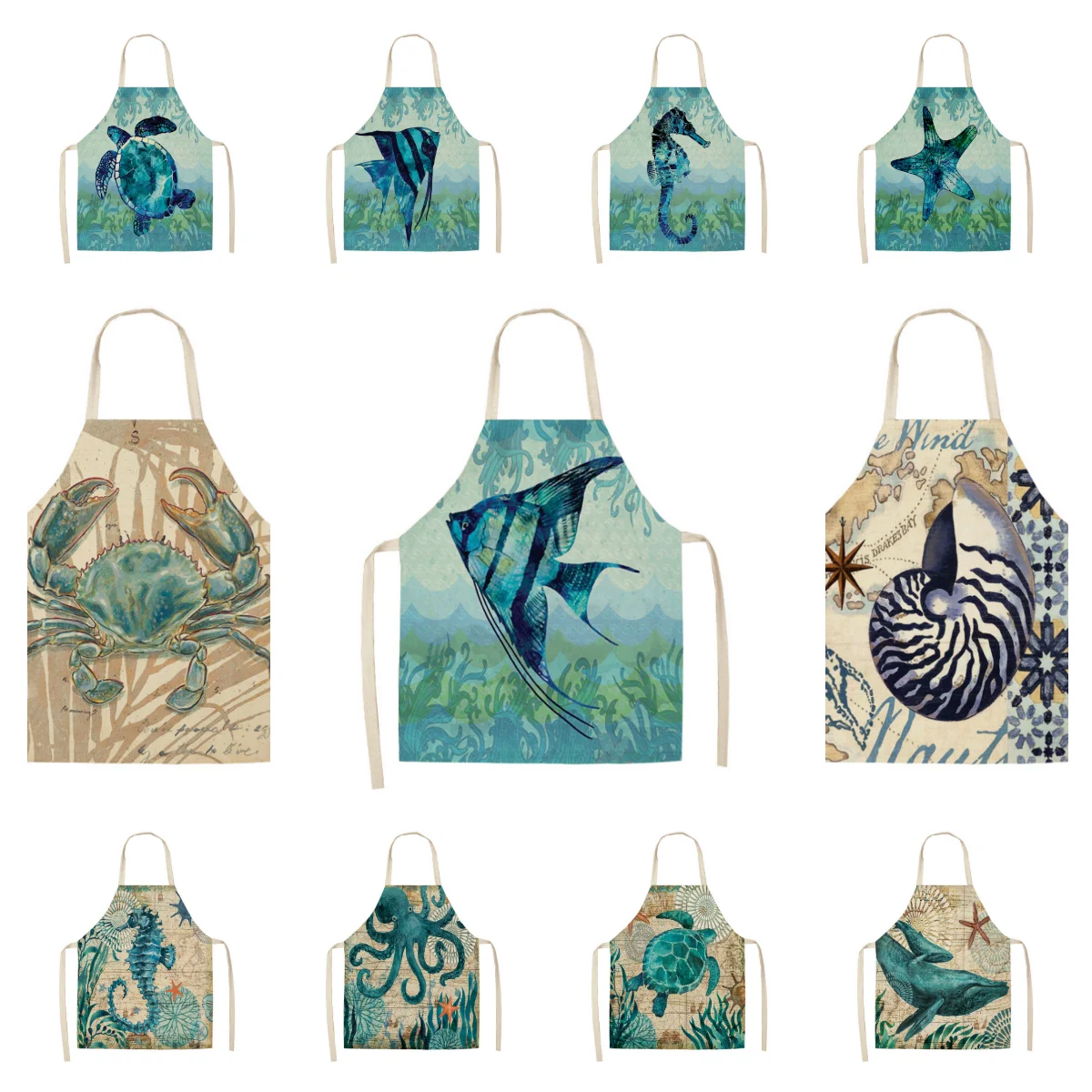 

68*55CM Marine Animals Printed Kitchen Aprons for Women Sleeveless Cotton Linen Bibs Cooking Baking Cleaning Tools