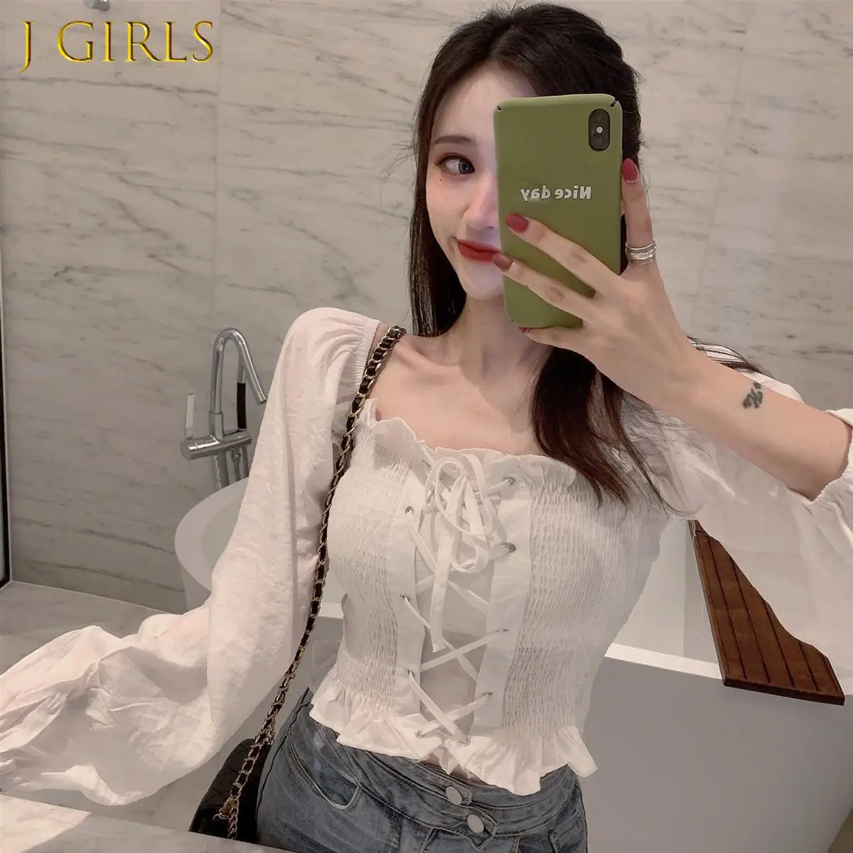 

J GIRLS Shirts Women Square Collar Solid Bandage Sexy Korean Style Chic Leisure New Arrival Vintage Streetwear Womens Daily New