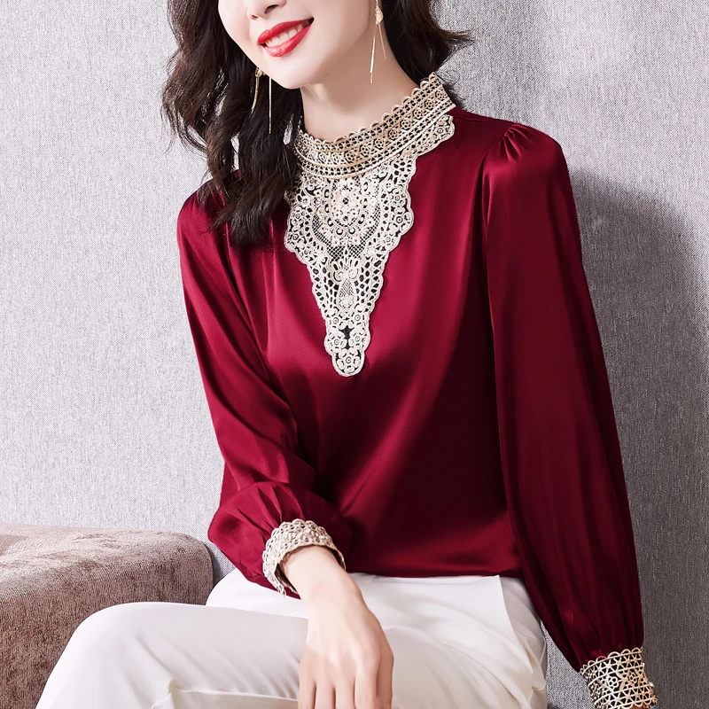 Женская кружевная блузка с вышивкой элегантная винтажная Повседневная атласная