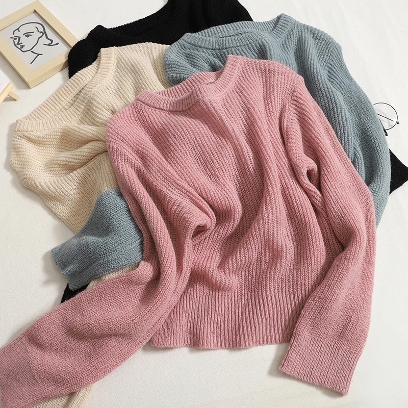 

Korean solid color knitted sweater women's Pullovers 2022 autumn new long-sleeved tops women pullovers short soft waxy sweater