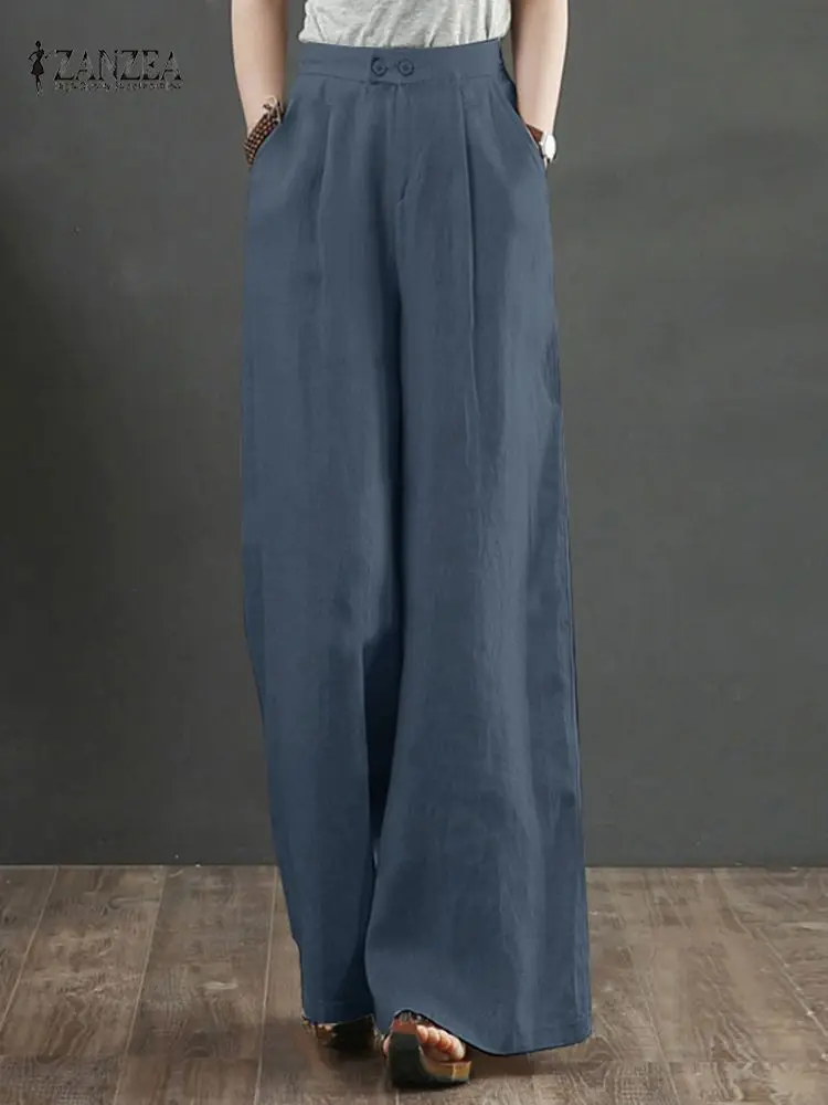 

ZANZEA Women Vintage Wide Leg Pants Autumn Trousers 2023 Stylish High Waist Solid Long Pantalon Loose Casual Palazzo Turnip