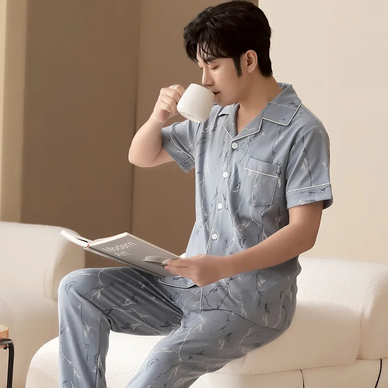 2022 High Quality 100% Cotton Spring Summer Mens Pajamas Set 2 Piece Set Pyjamas Sleepwear Soft Comfortable PJ Set For Men