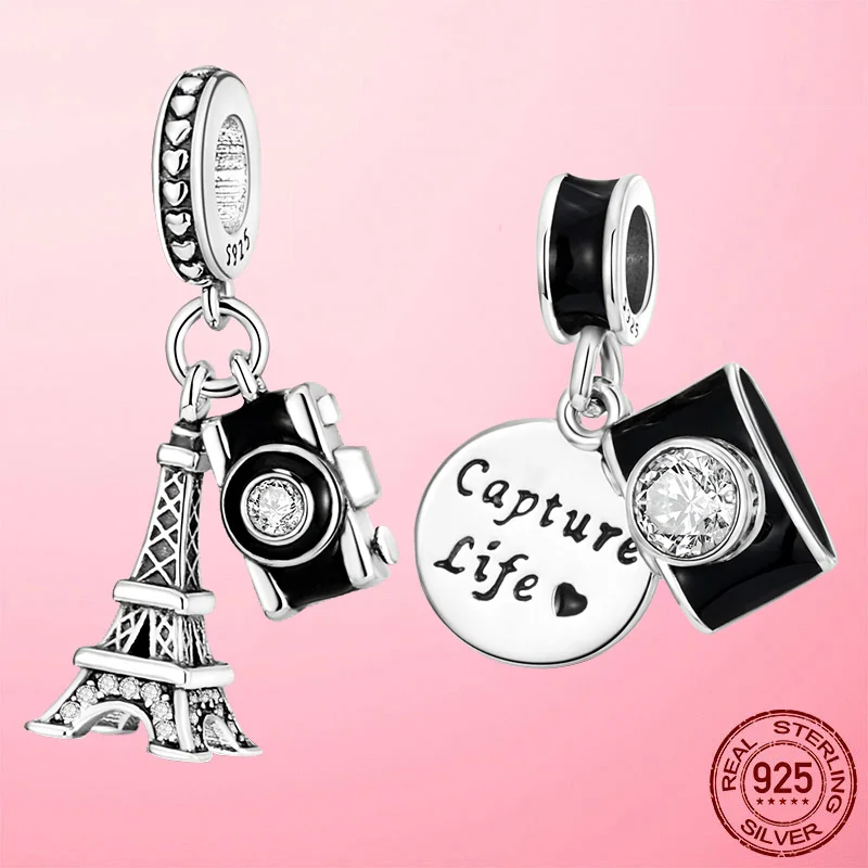 

Hot Travel Charms 925 Silver Eiffel Tower Camera Dangle Charm fit Pandora Beads Bracelet Original DIY Jewelry Making