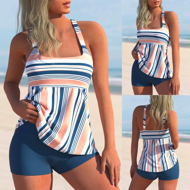 

2022 New Women Large Size Two Pieces Tankini Sets Striped Print Swimsuit Female Sexy Bikini Swimwear Summer Bathing Suit