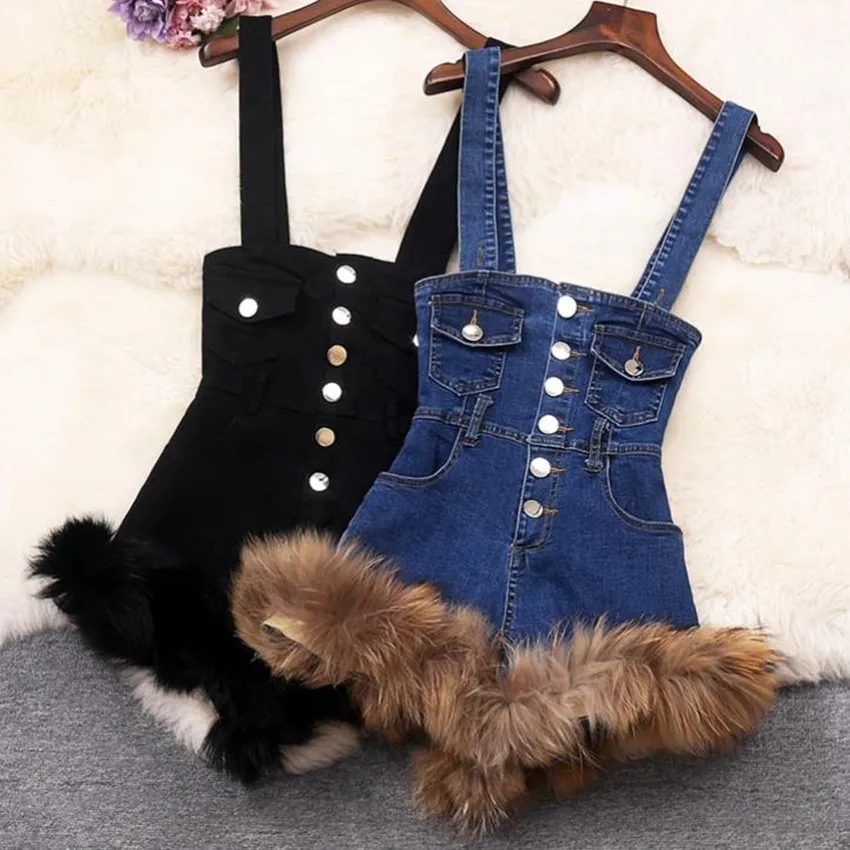 Fashion Fur Stitching Overalls Denim Shorts Women High Waist Wide Leg Autumn Winter