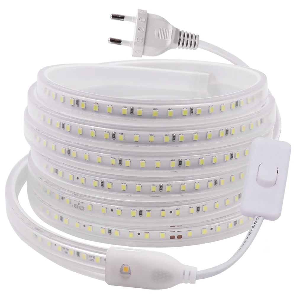 

LED Strip 220V Waterproof 120Leds/M 2835 Natural/Warm White/Blue Flexible Ribbon Tape Light For Garden Bedroon Kitchen Decor