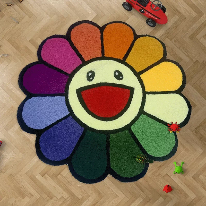 

INS Cartoon Flower Round Carpet Anti-slip Children's Playground Soft Plush Rugs Coffee Table Rug Living Room Decor Floor Mat