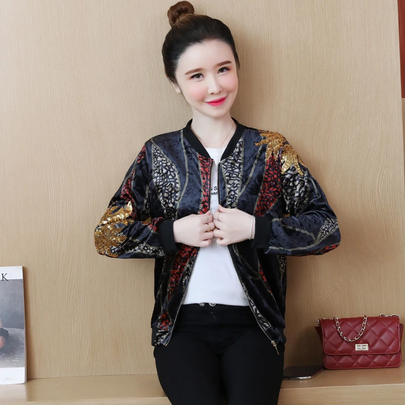 

2022 Korean Fashion Spring Velvet Print Jacket Women Long Sleeve Vintage Short Coats Casual Lady Baseball Jackets Black Overcoat