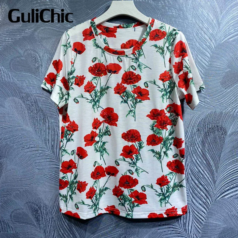 

4.7 GuliChic Women Short Sleeve Sequins Beading Floral Print Vintage T-Shirt