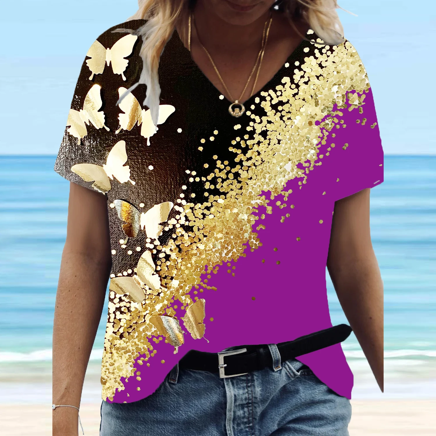 

2022 New Hot Sale High Quality Ladies Casual Fashion T Shirt Butterfly Print Loose V Neck Pullover Short Sleeve Top Summer Home