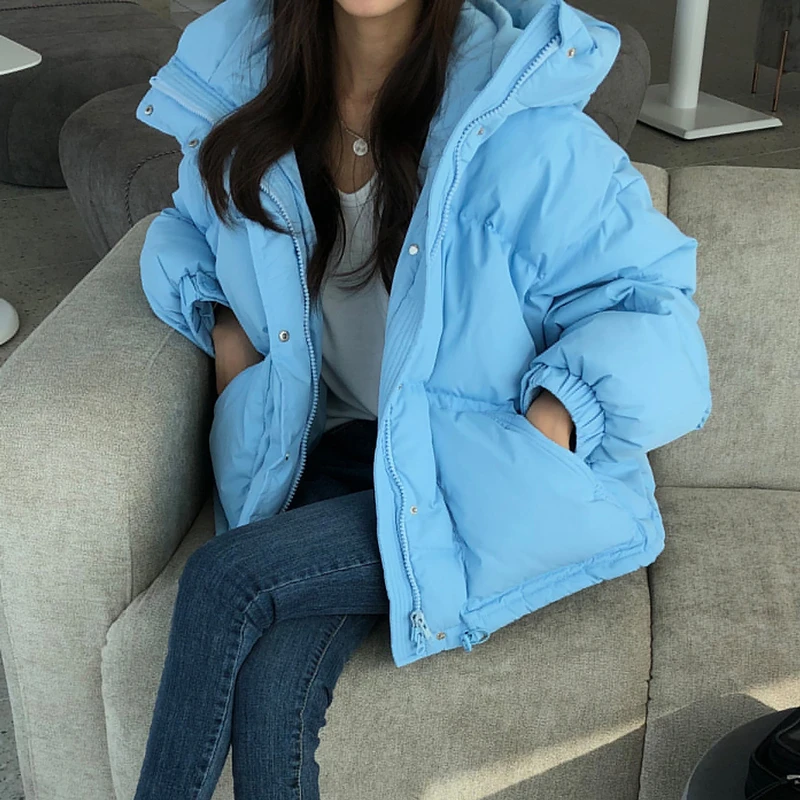 2022 Women Winter New Cotton Coat Loose Solid Sweet Female Office Lady Outwear Bubble Coat Hooded Warm Pocket Elegant Ins Jacket