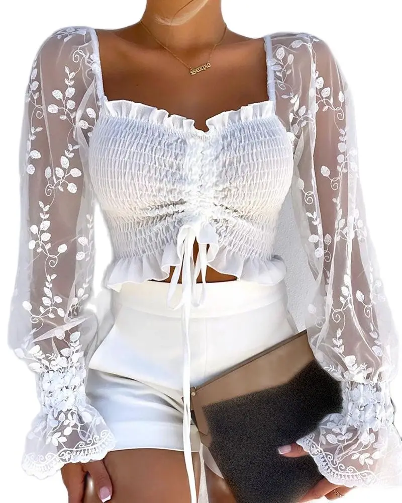 

Spring Summer Blouses Casual Mesh Long Sleeve Drawstring Blouse Shirts Shirring Detail Frill Hem Leaf Pattern Tops 2023