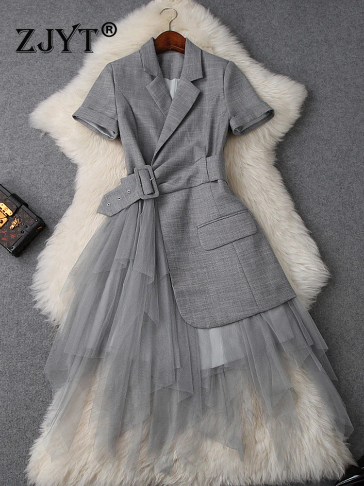 

ZJYT Summer Office Lady Blazer Patchwork Irregular Mesh Dress for Women 2023 Designer Short Sleeve Work Wear Vestidos Elegant