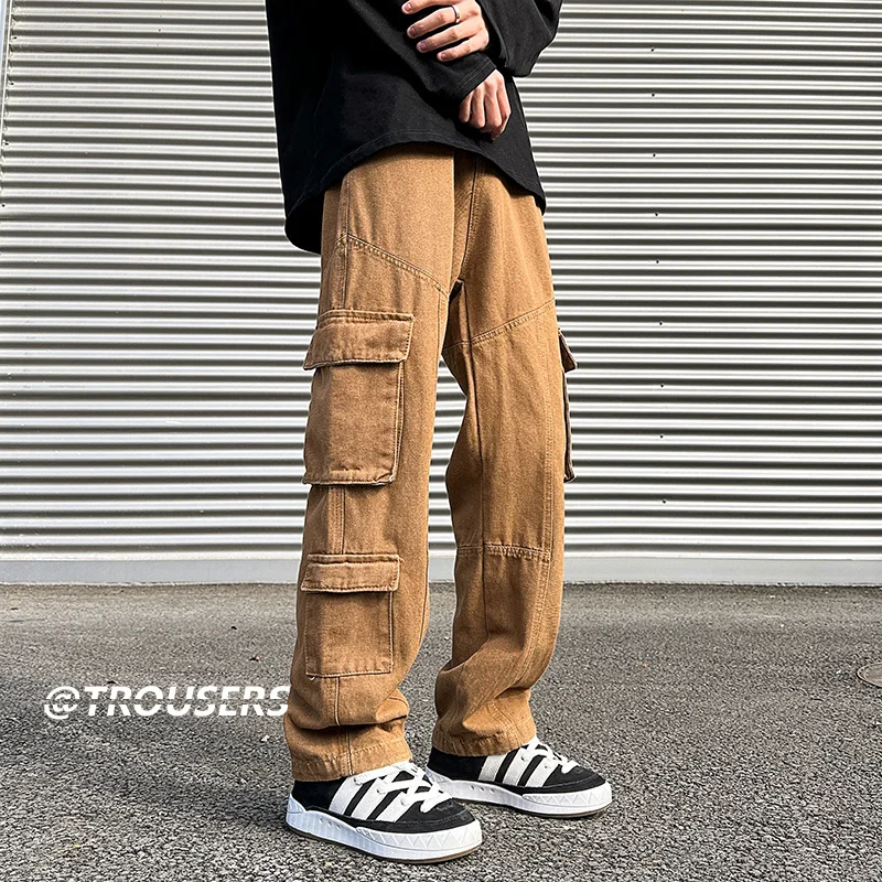 Brown Black Baggy Jeans Men Fashion Vintage Pocket Cargo Jeans Men Japanese Streetwear Hip-hop Loose Straight Denim Trousers Men