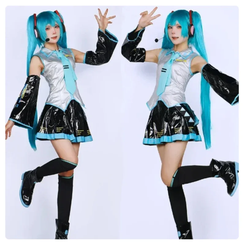 Miku Косплей Костюм Серебряная лакированная кожа одежда синий парик Головные