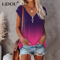 summer street style casual fashion v neck zipper gradient pullover tee top women short sleeve comfortable t shirt female clothes