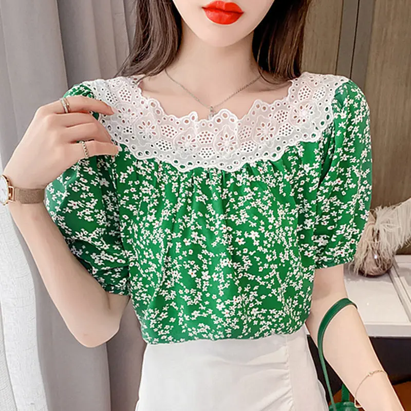 

Sweet Lace Hollow Out Spliced Printed Short Sleeve Loose Chiffon Blouse Summer Chic Tops Oversized Commute Female Clothing Shirt