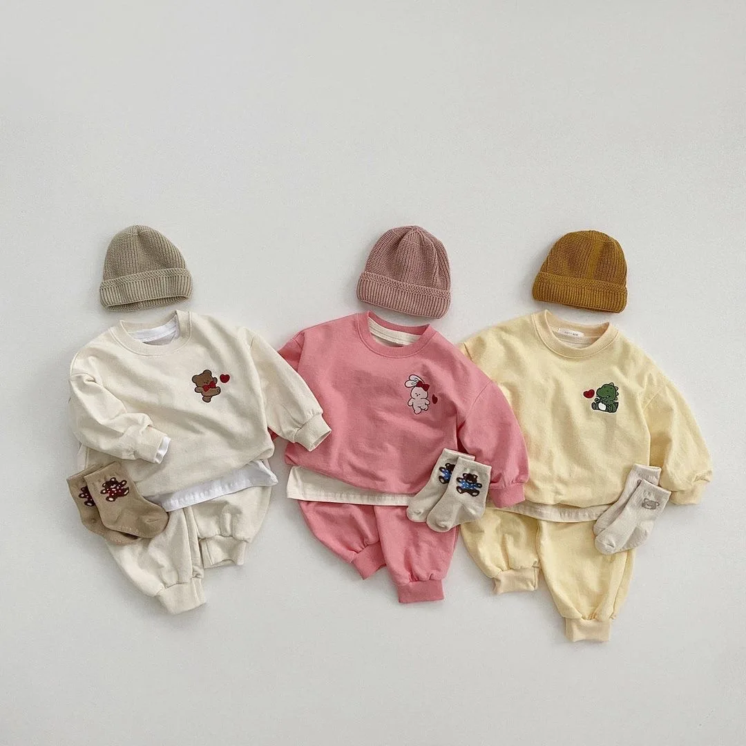 

2022 Children Boy Animal Embroidery Sport Long Sleeve T-shirt Suit Girl Baby Cartoon Tops + Solid Pants 2pcs Kids Tracksuit Suit