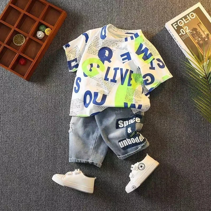 

Tide Fashion Summer Boys Clothes New Letter Short Sleeve Round Neck Pollover Shirt And Denim Pants 2pcs Kids Boutique Tracksuit