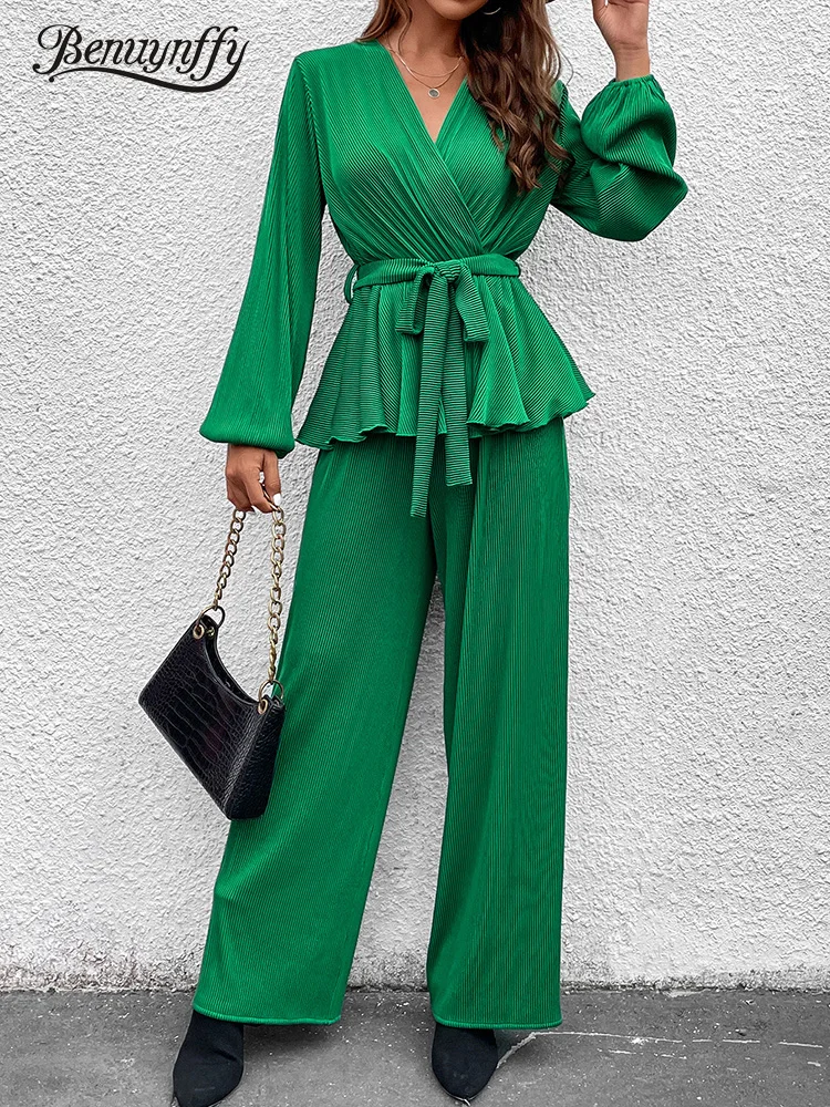 

Benuynffy Fashion Solid Women's Two Piece Set Surplice Neck Long Sleeve Belted Top Elegant Wide Leg Pants Sets Spring 2023 New