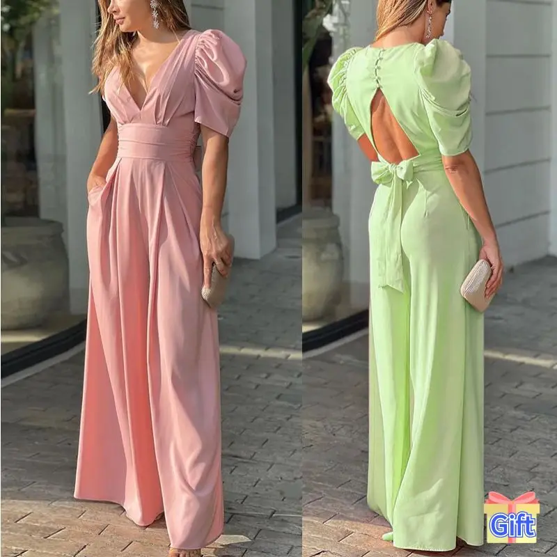 Long Sexy Backless Jumpsuits Women Wide Leg V Neck Chic and Elegant Rompers Combinations Overalls Festival Outfits 2023 Summer