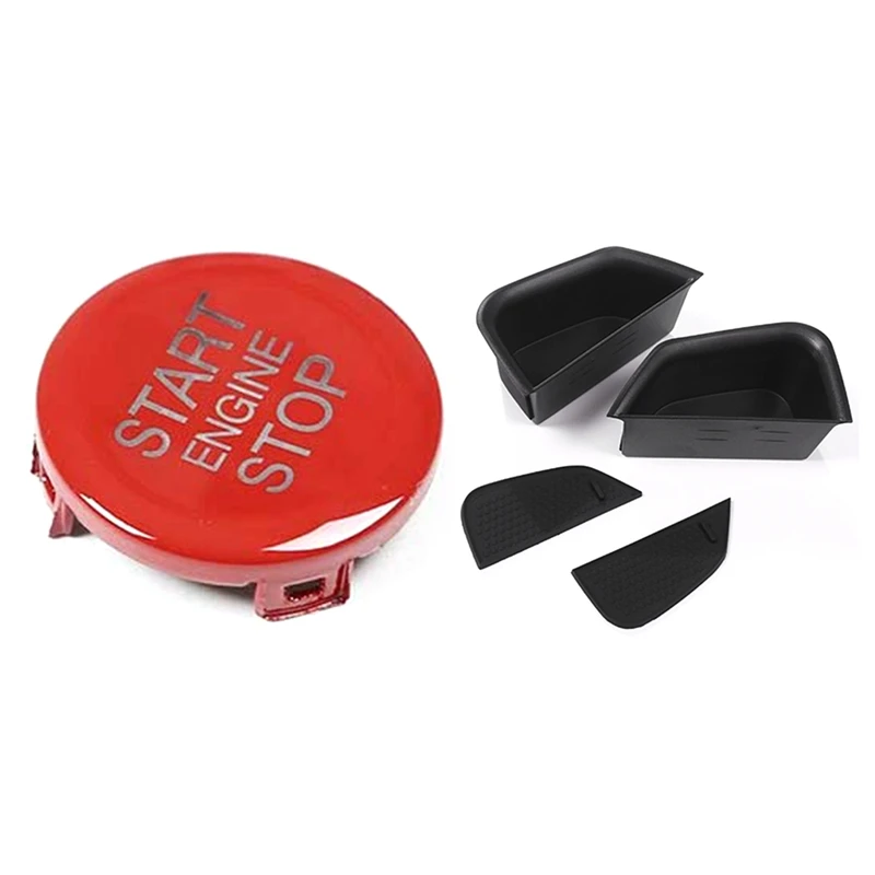 

1 Set Front Door Handle Tray Storage Box With Non-Slip Mat & 1 Pcs Car Engine Start Stop Switch Button Cover Trim