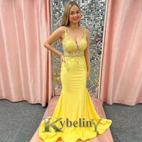 Kybeliny Yellow Mermaid Evening Dresses CutOut V-Neck Prom Robe De Soiree Graduation Celebrity Vestidos Fiesta Women Formal