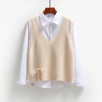 vest women solid short loose trendy korean style sleeveless knitted v neck all match female coats simple leisure outwear beige